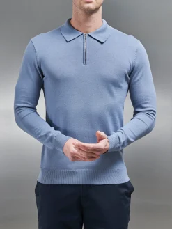 Cotton Knitted Long Sleeve Half Zip Polo Shirt - Silk Blue