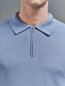 Cotton Knitted Long Sleeve Half Zip Polo Shirt - Silk Blue