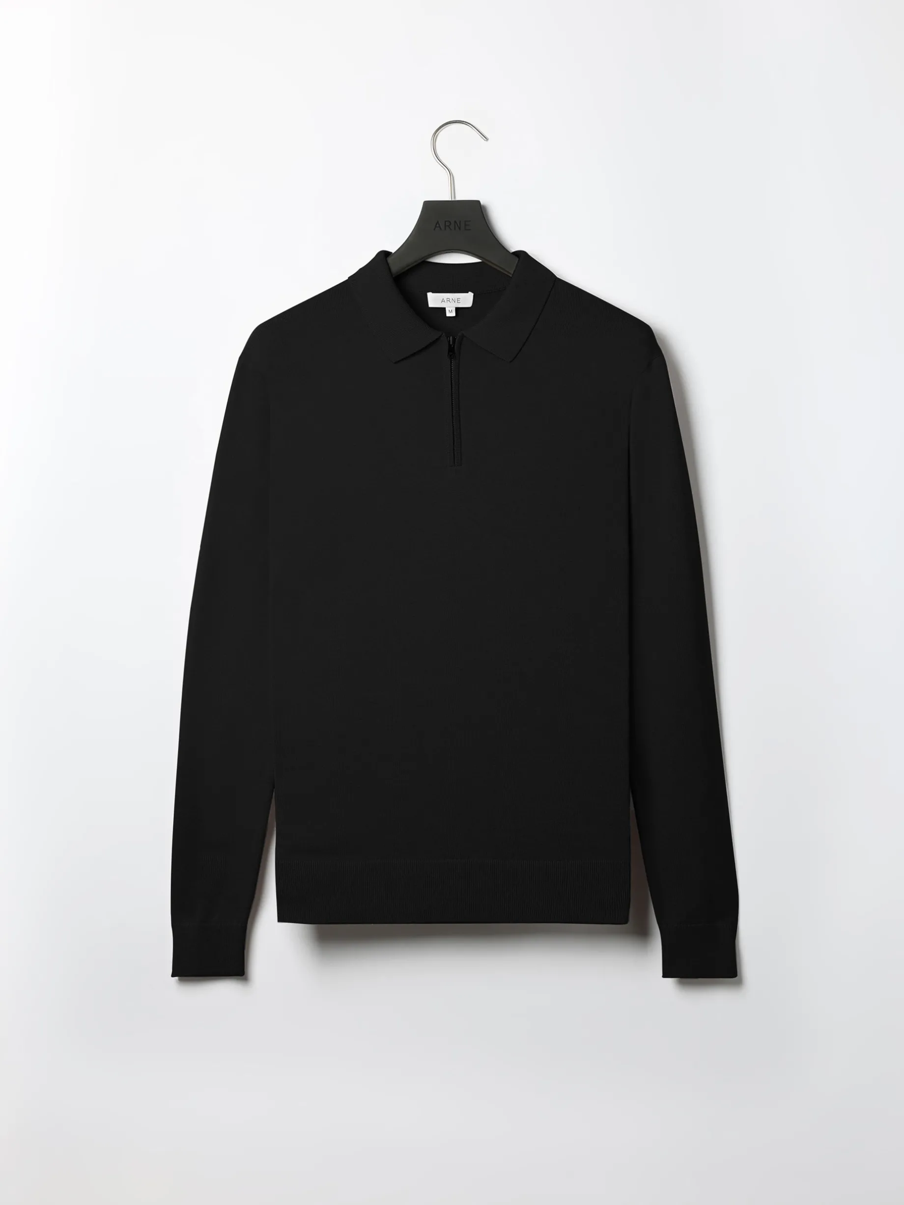 Cotton Knitted Long Sleeve Half Zip Polo Shirt - Black