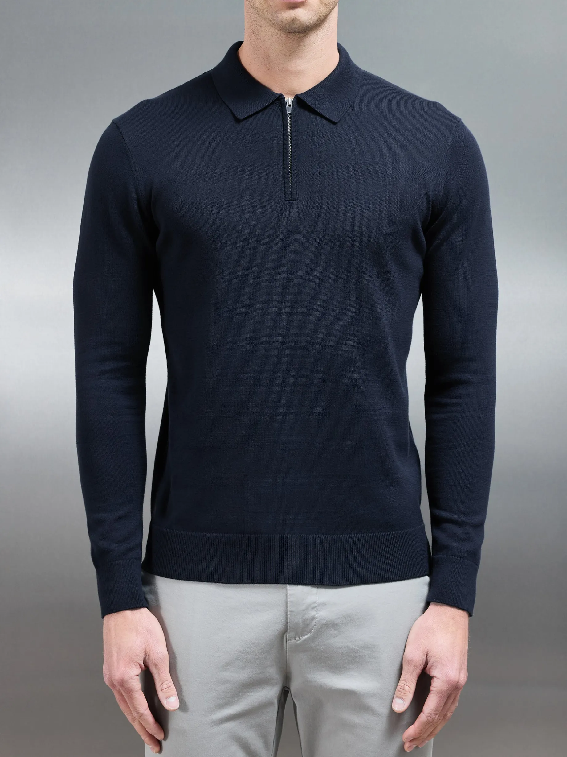 Cotton Knitted Long Sleeve Half Zip Polo Shirt - Navy