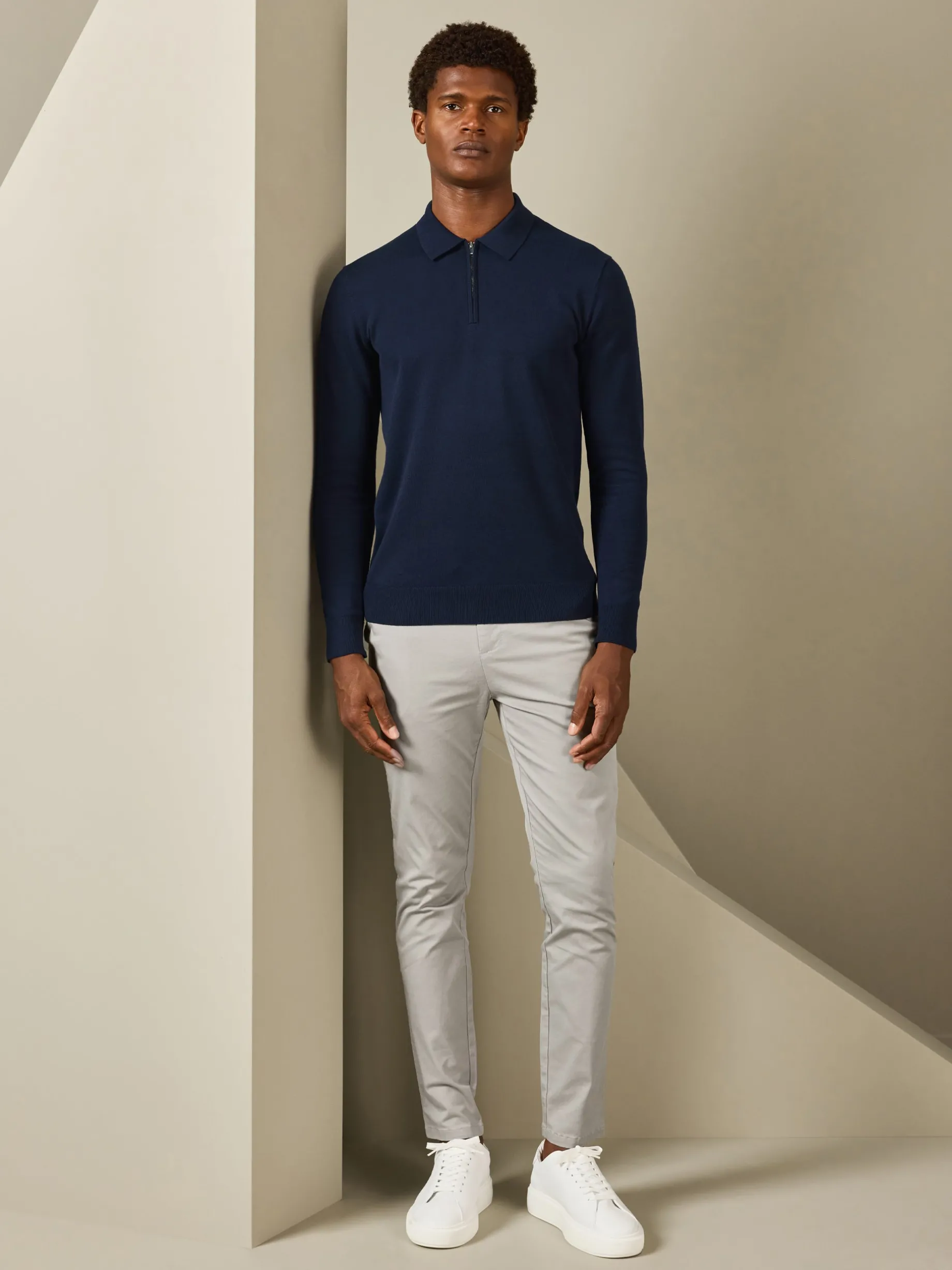Cotton Knitted Long Sleeve Half Zip Polo Shirt - Navy