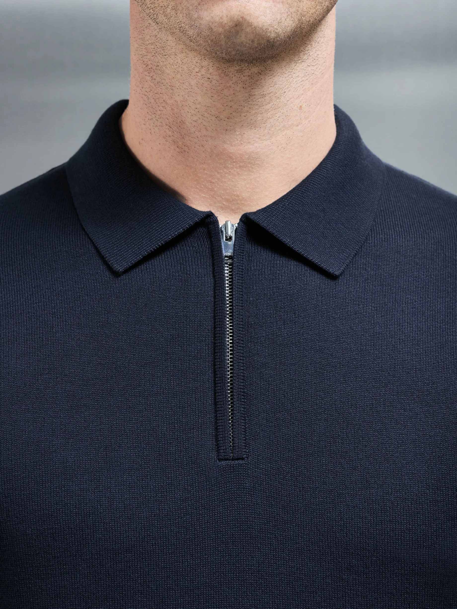 Cotton Knitted Long Sleeve Half Zip Polo Shirt - Navy