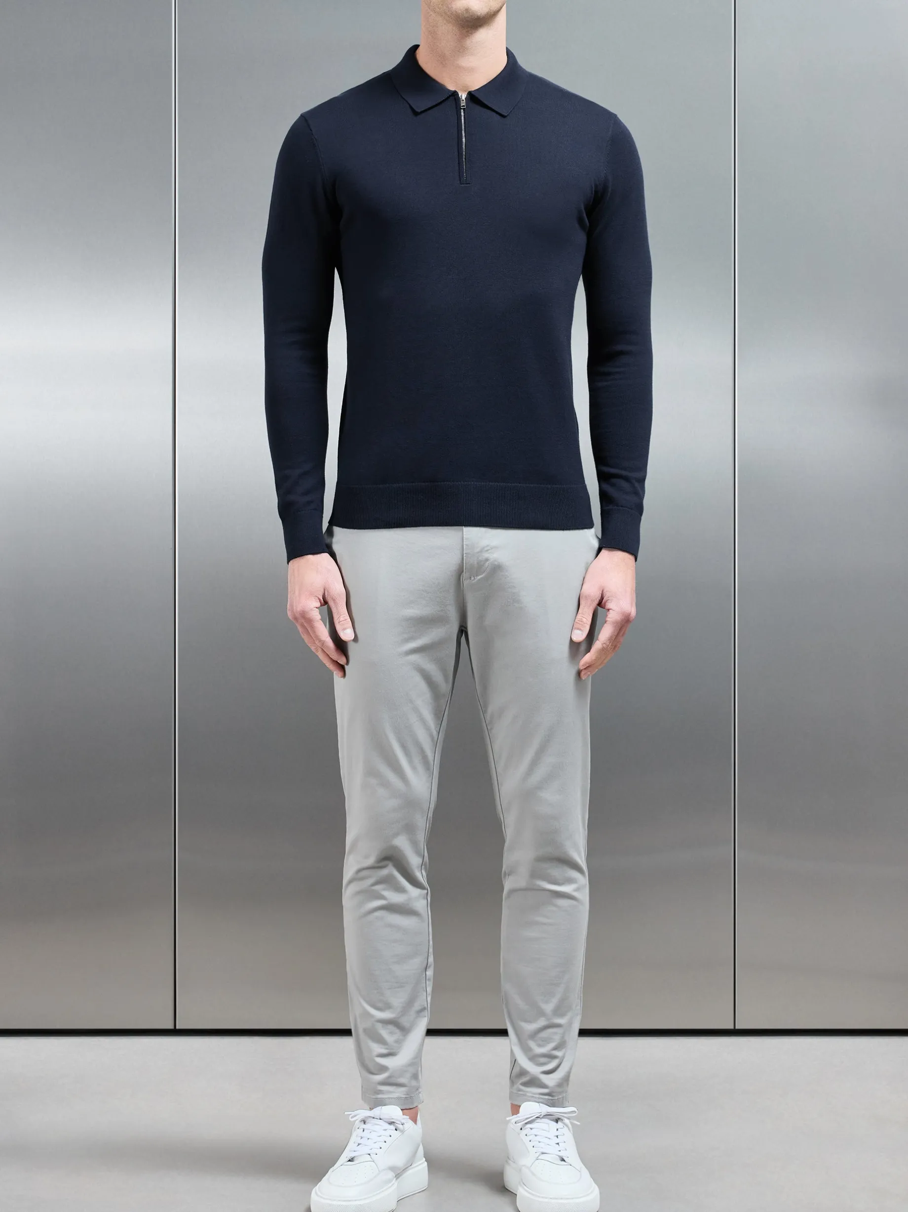 Cotton Knitted Long Sleeve Half Zip Polo Shirt - Navy