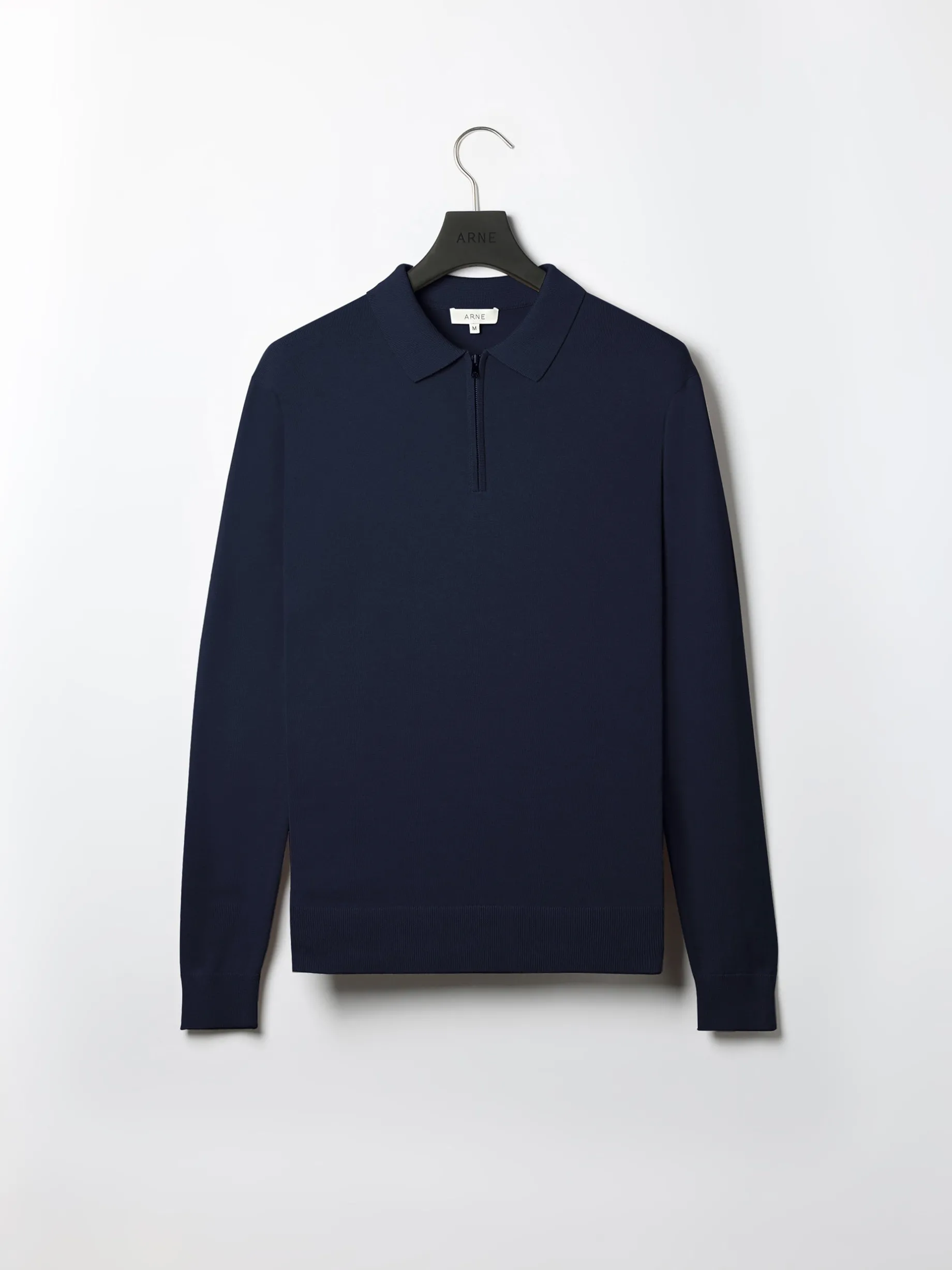 Cotton Knitted Long Sleeve Half Zip Polo Shirt - Navy
