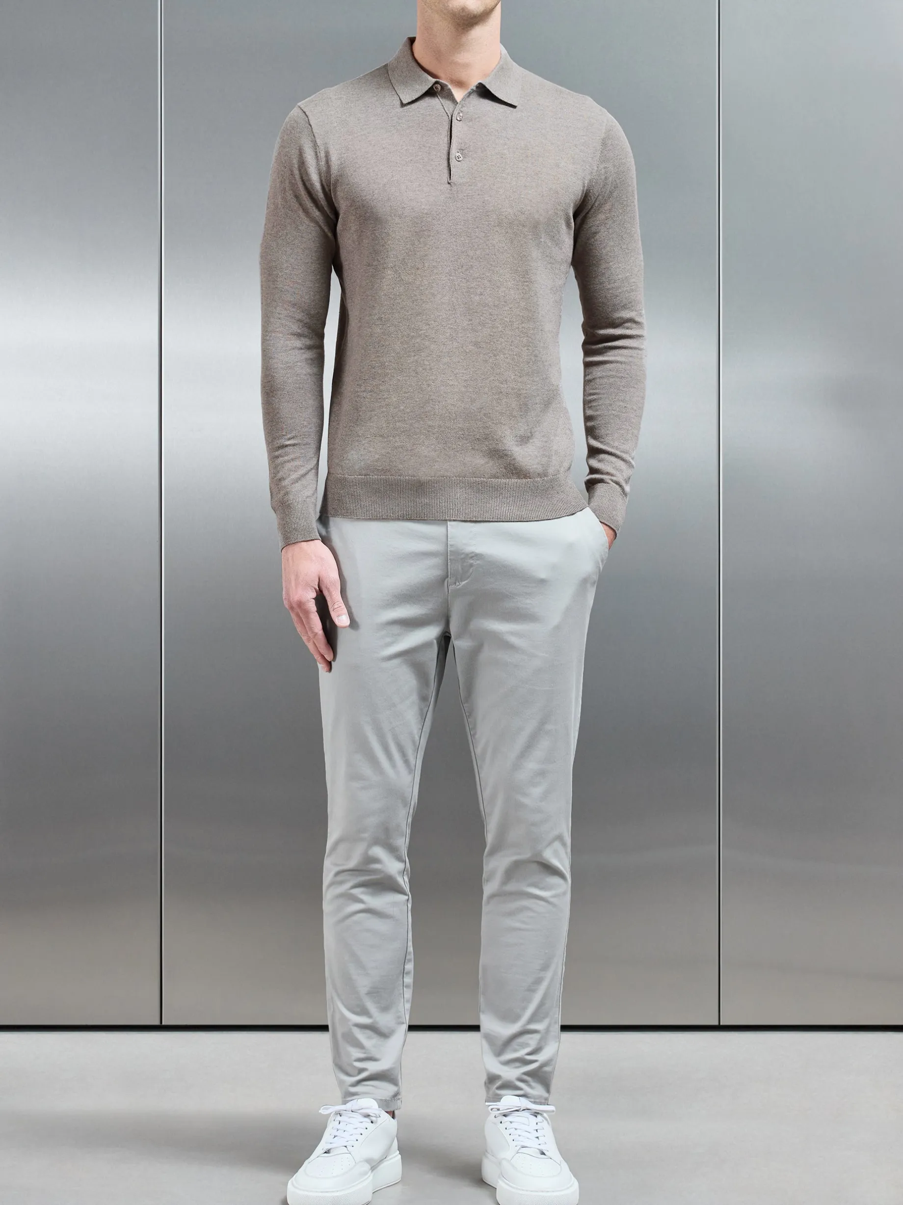 Cotton Knitted Long Sleeve Button Polo Shirt - Taupe Marl