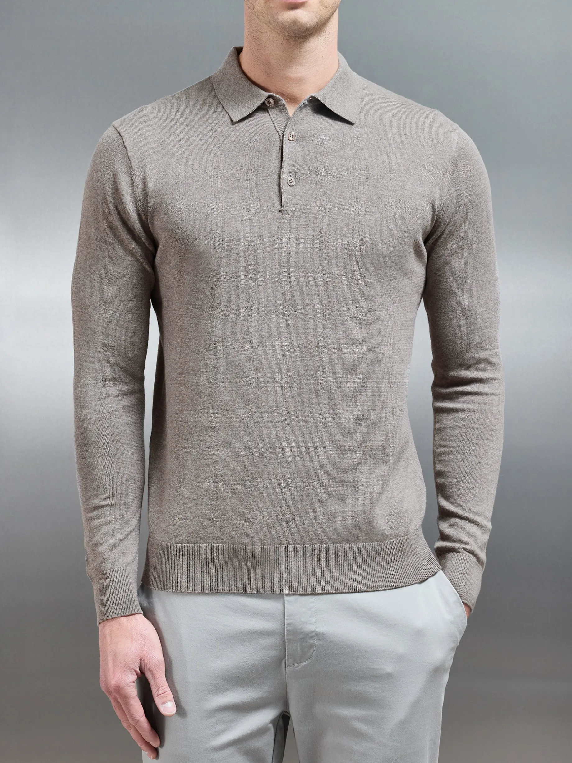 Cotton Knitted Long Sleeve Button Polo Shirt - Taupe Marl
