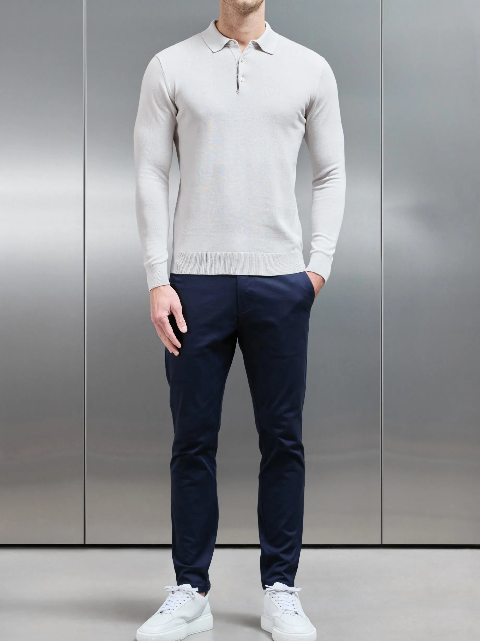 Cotton Knitted Long Sleeve Button Polo Shirt - Mid Grey