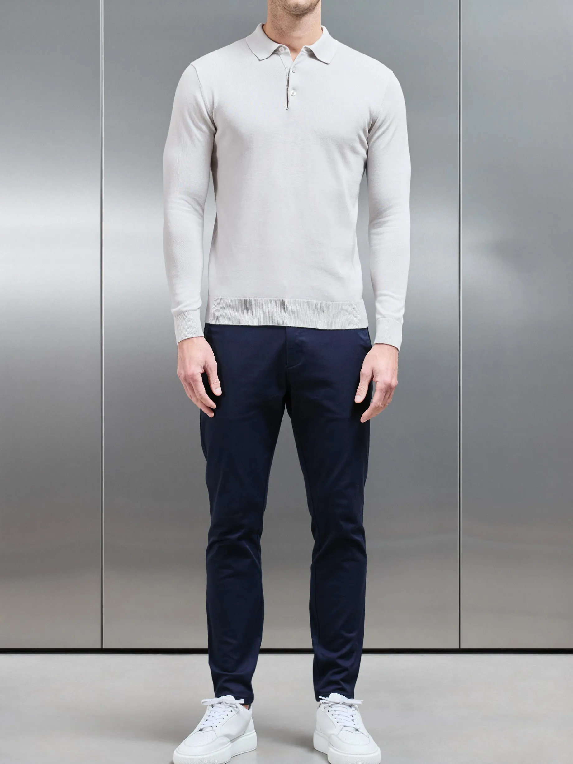Cotton Knitted Long Sleeve Button Polo Shirt - Mid Grey
