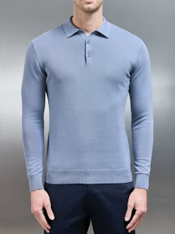 Cotton Knitted Long Sleeve Button Polo - Silk Blue