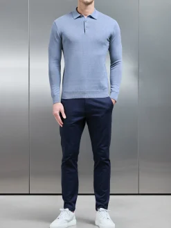 Cotton Knitted Long Sleeve Button Polo - Silk Blue