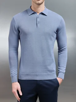 Cotton Knitted Long Sleeve Button Polo - Silk Blue