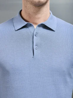 Cotton Knitted Long Sleeve Button Polo - Silk Blue