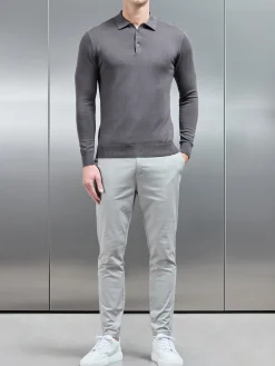 Cotton Knitted Long Sleeve Button Polo Shirt - Grey