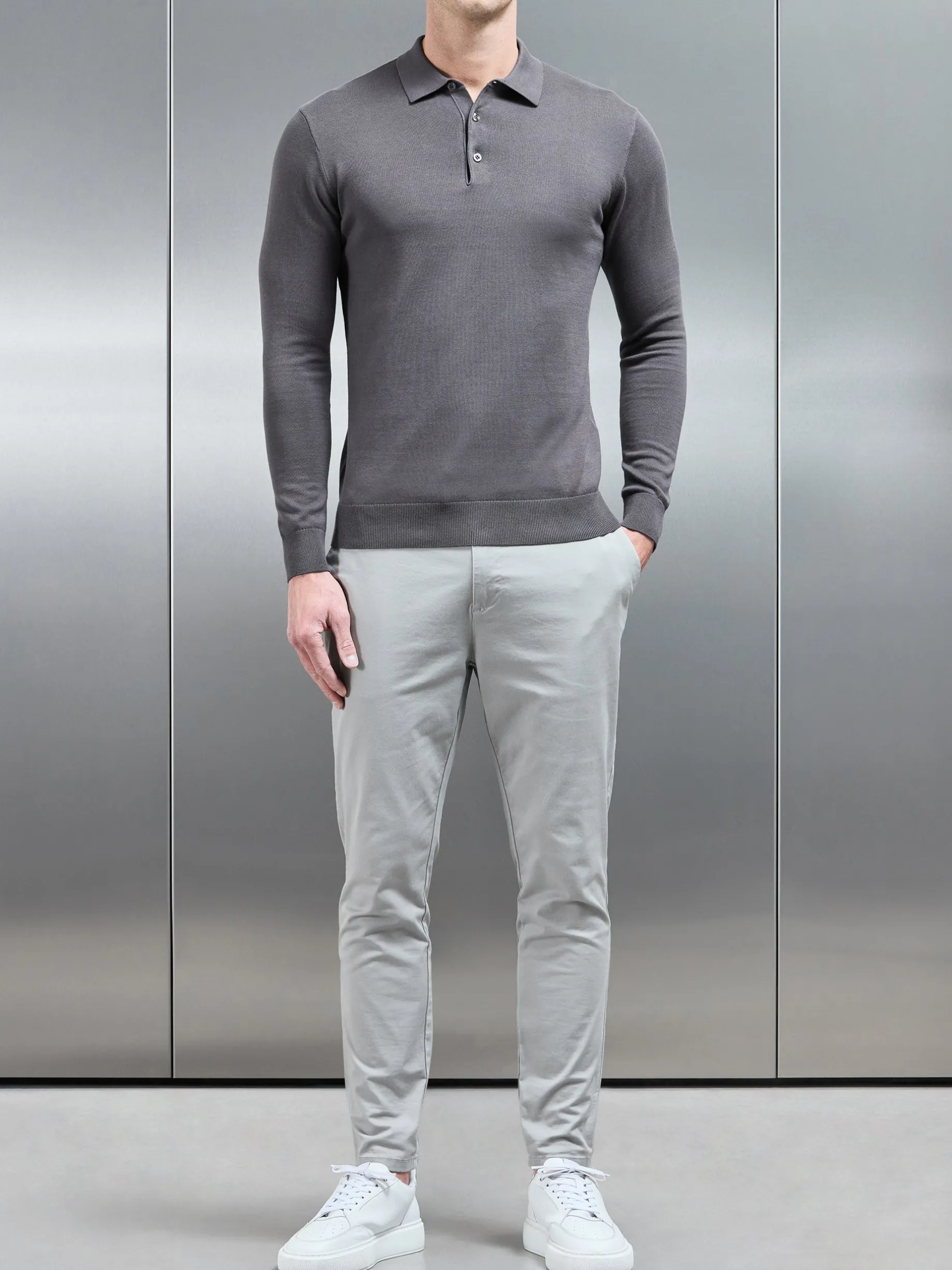 Cotton Knitted Long Sleeve Button Polo Shirt - Grey