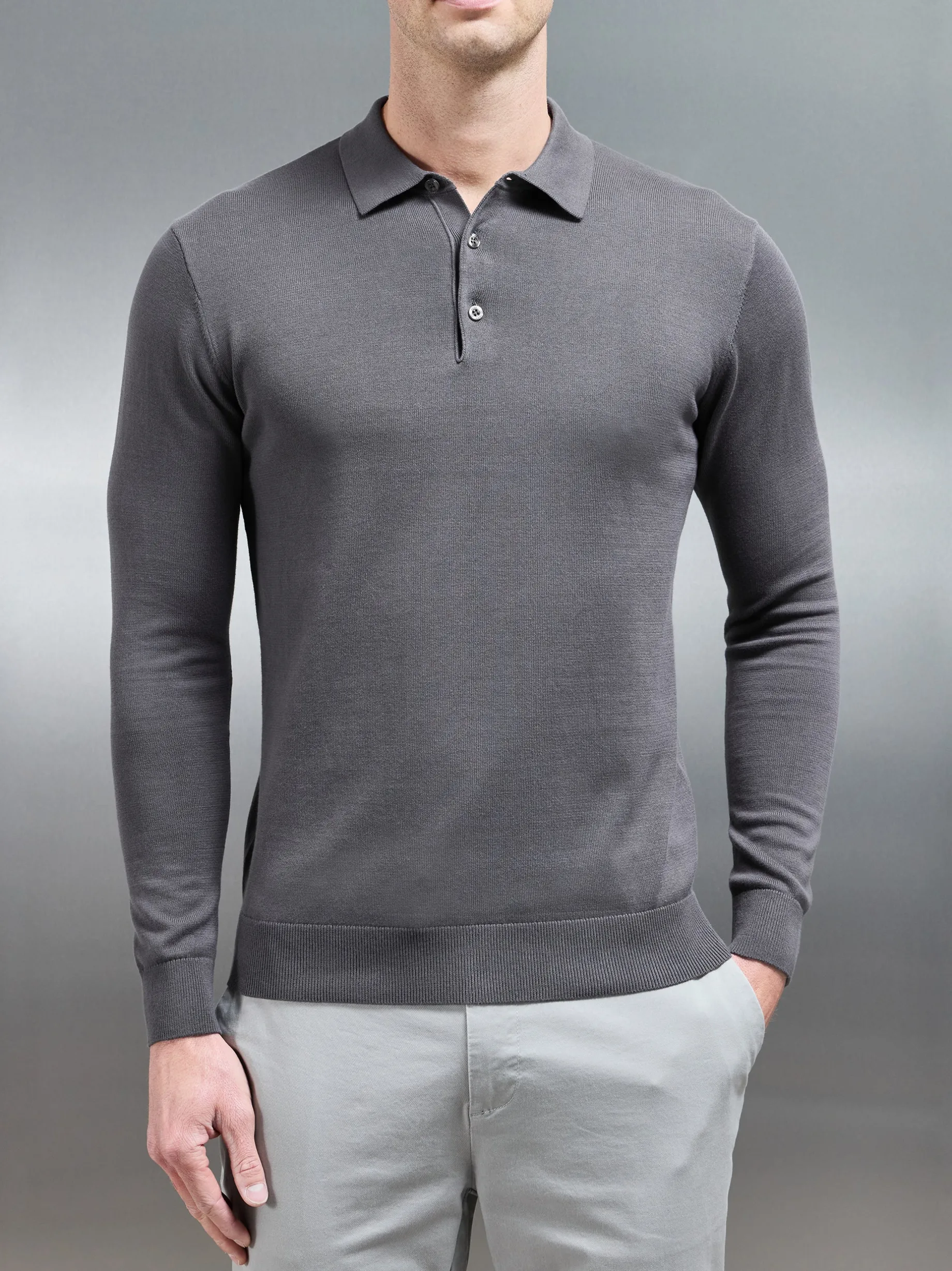 Cotton Knitted Long Sleeve Button Polo Shirt - Grey