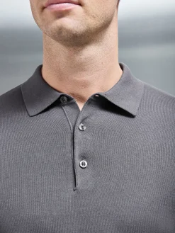 Cotton Knitted Long Sleeve Button Polo Shirt - Grey