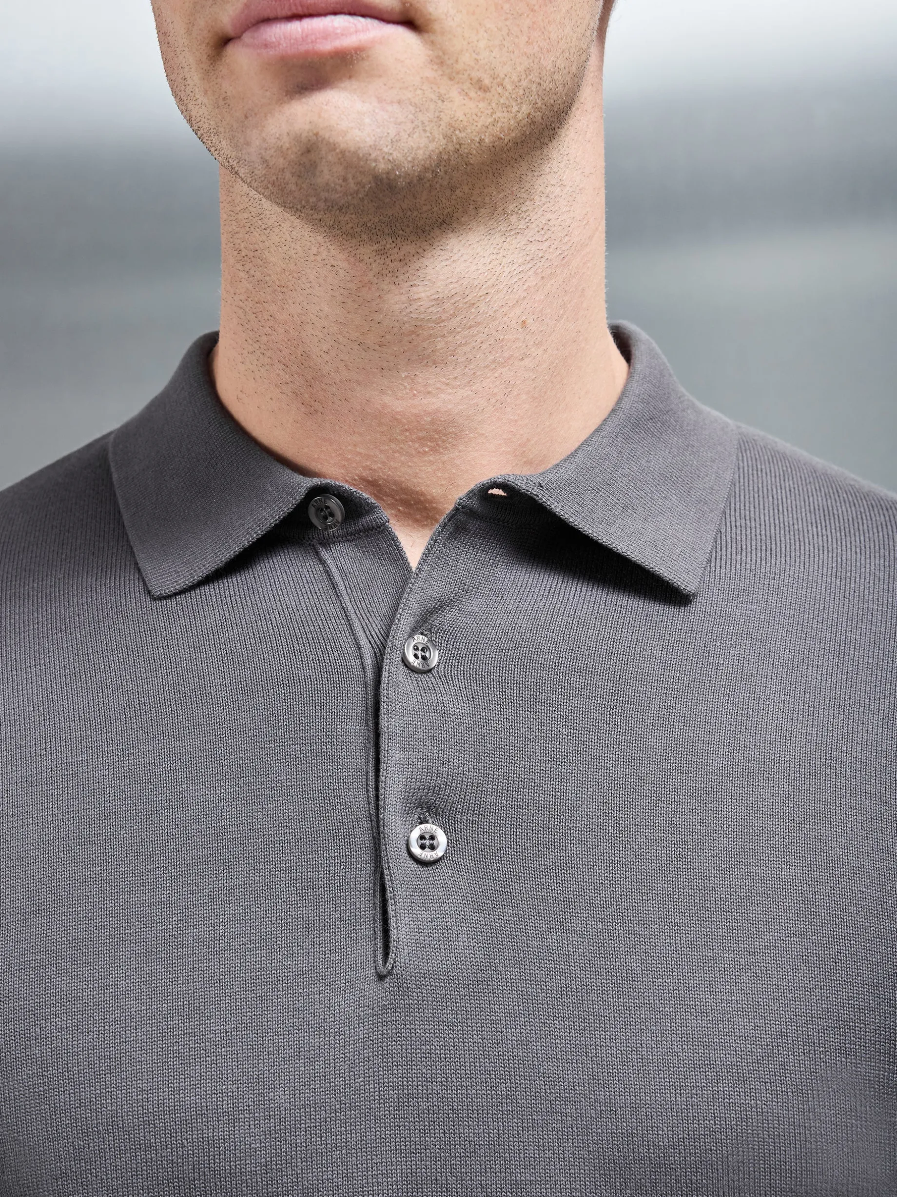 Cotton Knitted Long Sleeve Button Polo Shirt - Grey