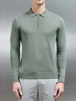 Cotton Knitted Long Sleeve Half Zip Polo Shirt - Sage