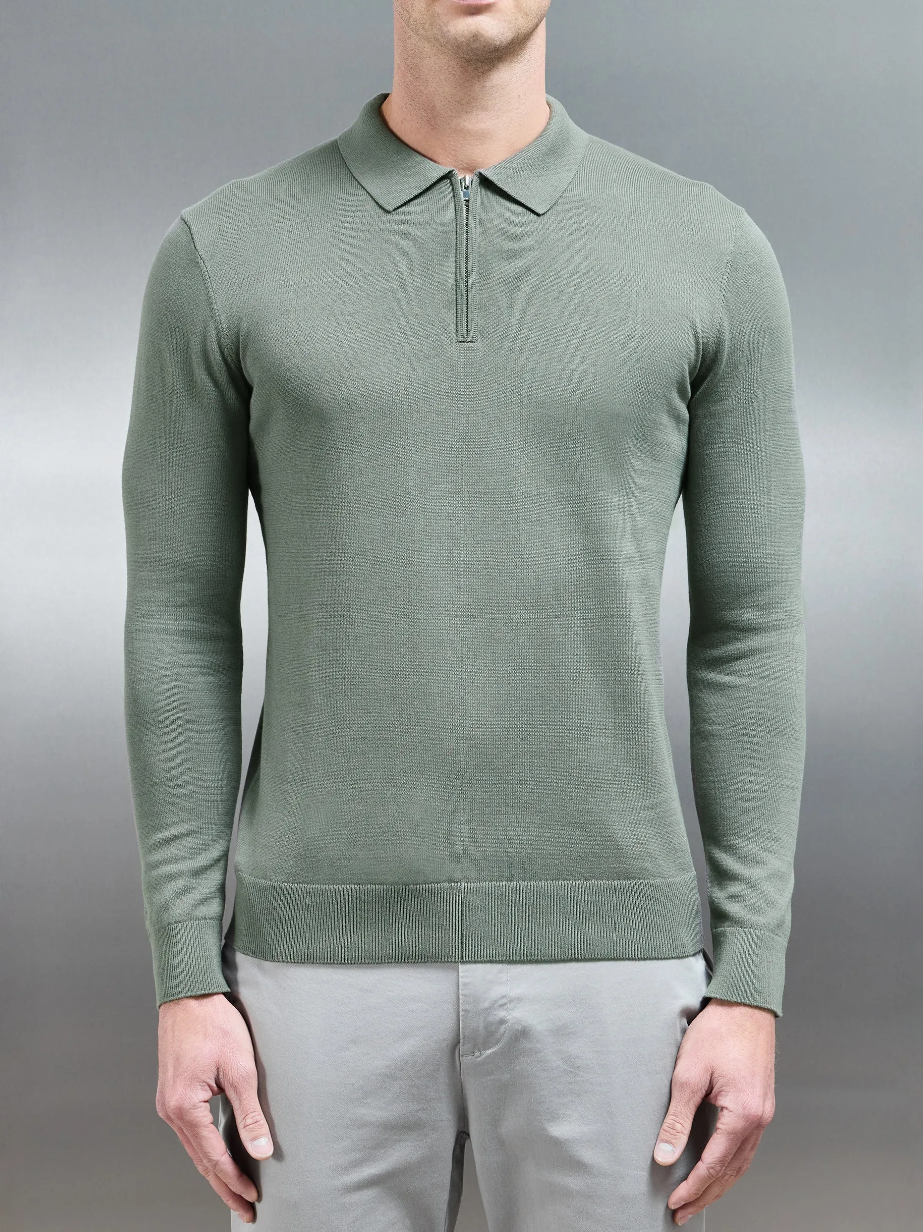 Cotton Knitted Long Sleeve Half Zip Polo Shirt - Sage