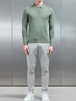 Cotton Knitted Long Sleeve Half Zip Polo Shirt - Sage