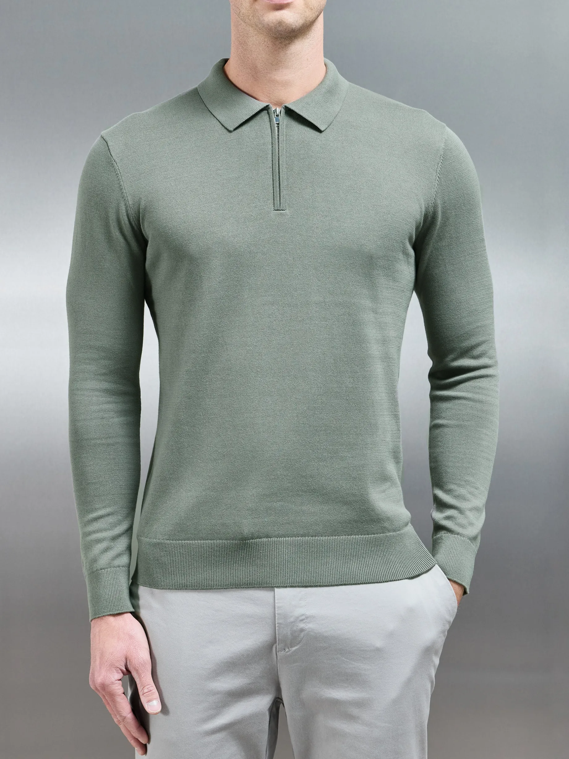 Cotton Knitted Long Sleeve Half Zip Polo Shirt - Sage