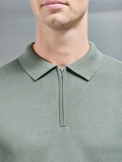 Cotton Knitted Long Sleeve Half Zip Polo Shirt - Sage