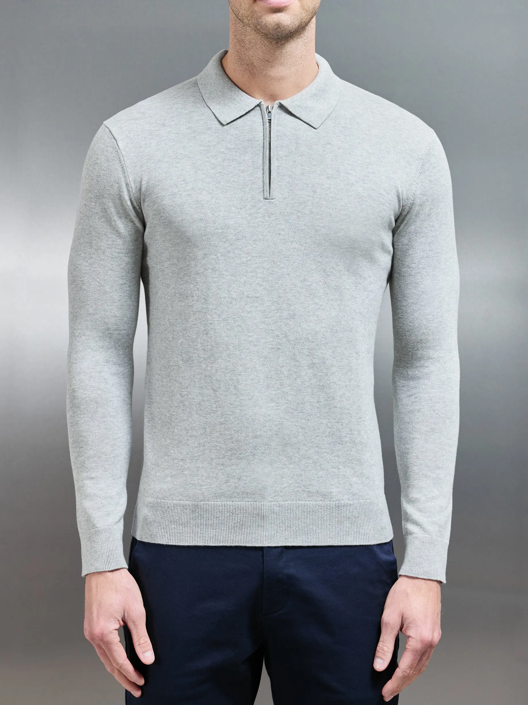 Cotton Knitted Long Sleeve Half Zip Polo Shirt - Marl Grey
