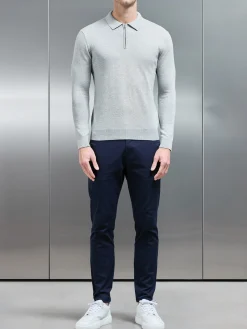Cotton Knitted Long Sleeve Half Zip Polo Shirt - Marl Grey