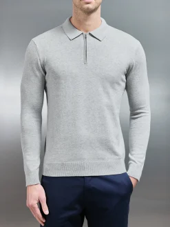 Cotton Knitted Long Sleeve Half Zip Polo Shirt - Marl Grey