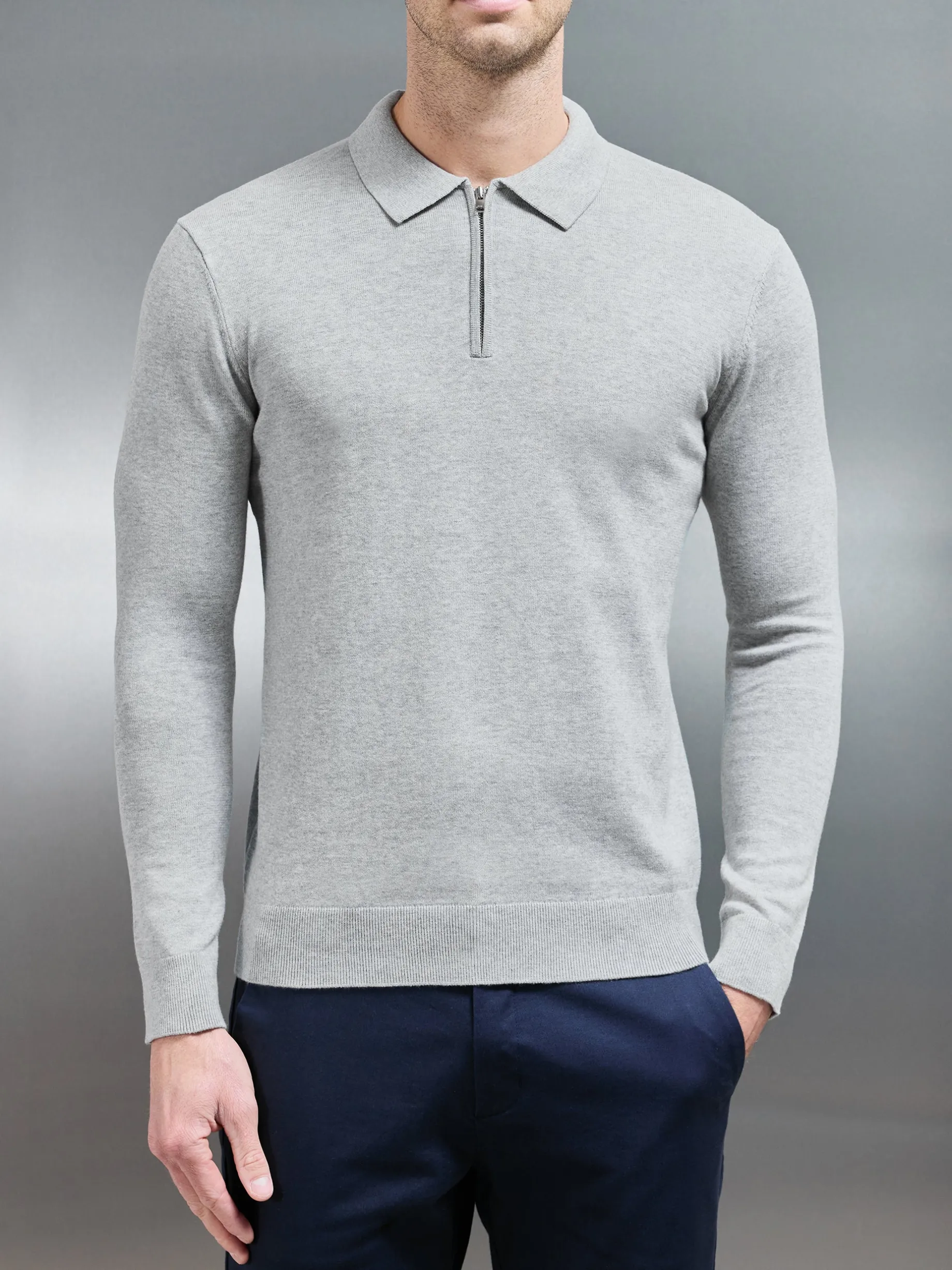 Cotton Knitted Long Sleeve Half Zip Polo Shirt - Marl Grey