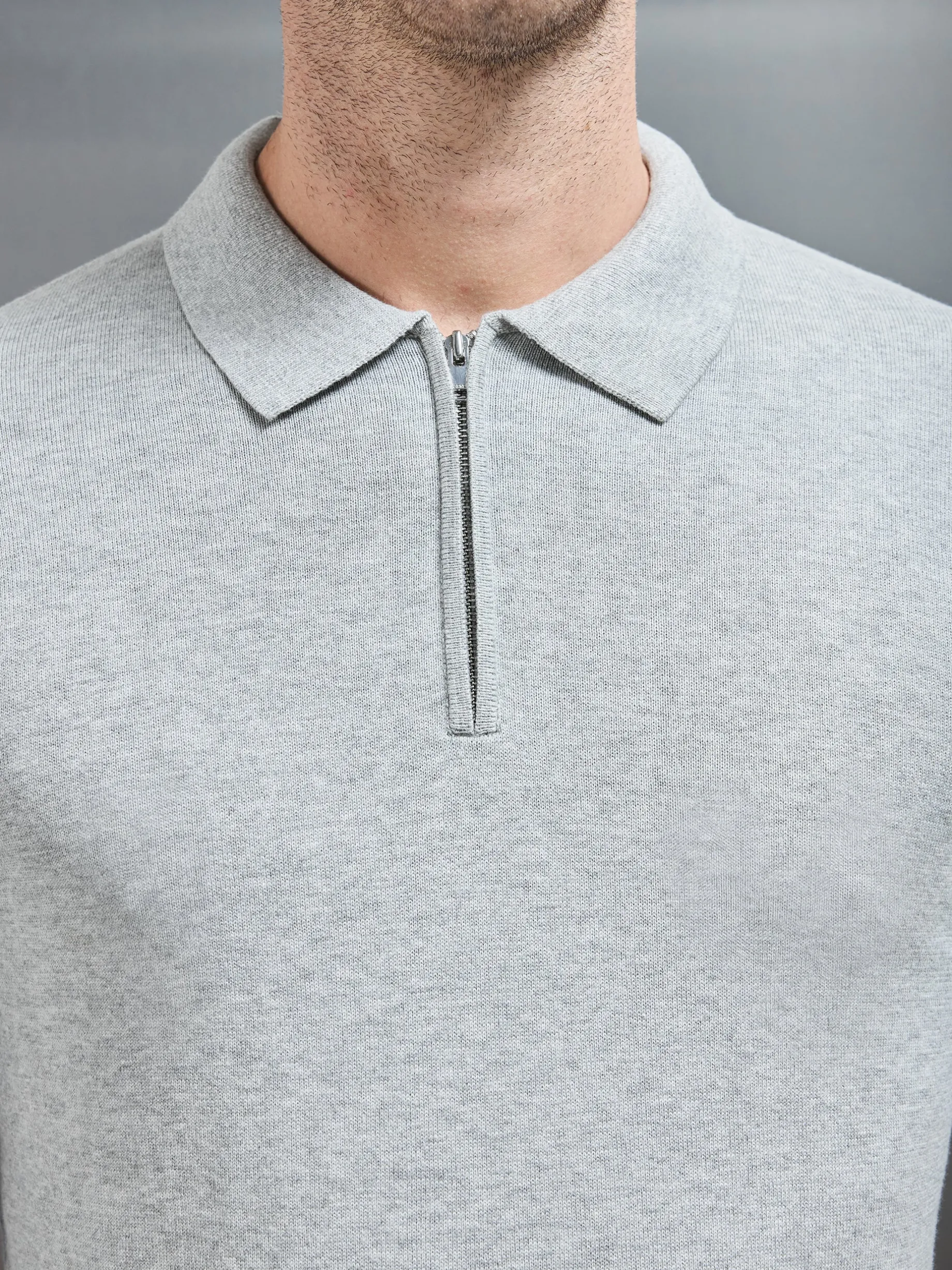 Cotton Knitted Long Sleeve Half Zip Polo Shirt - Marl Grey