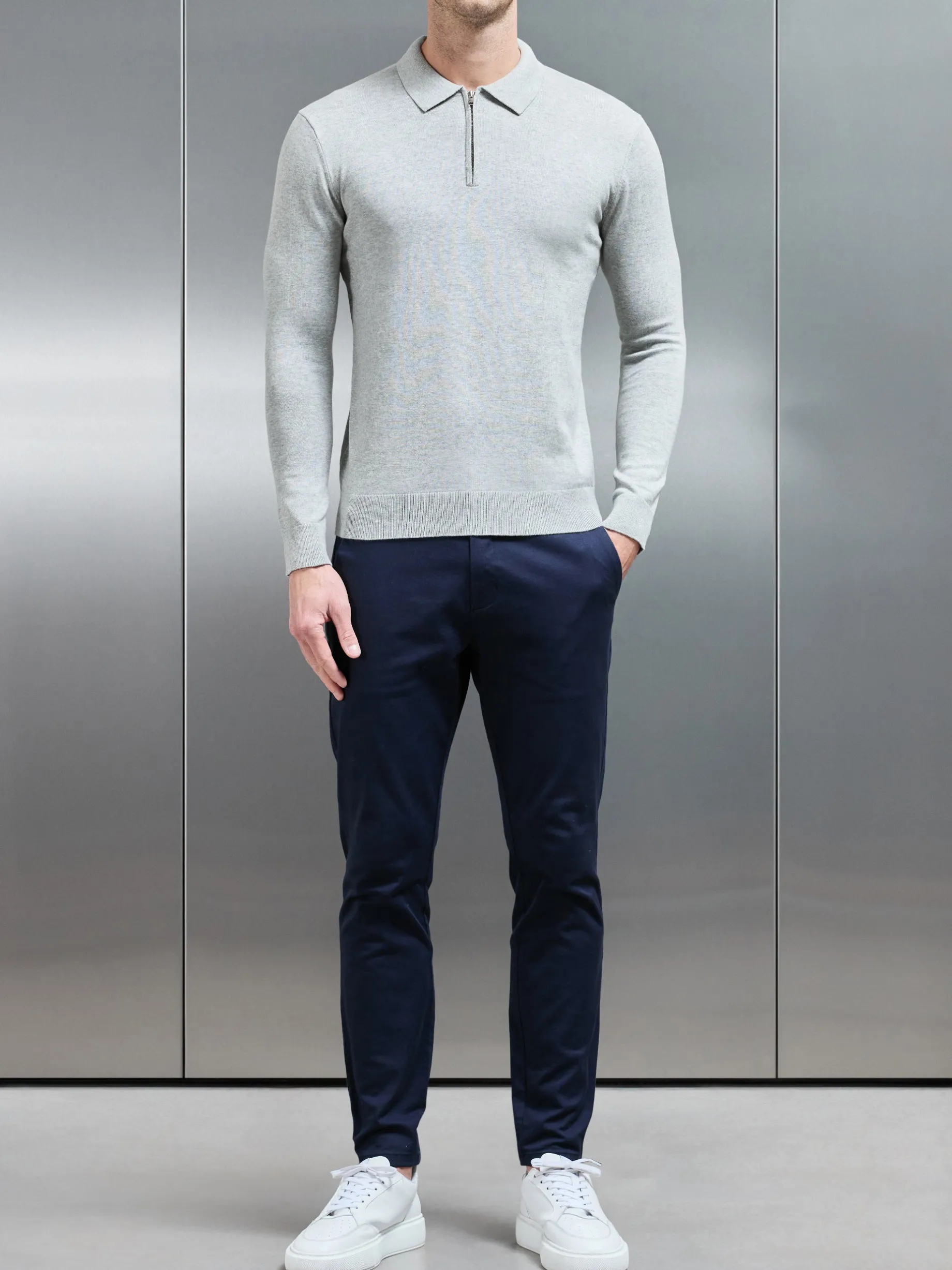 Cotton Knitted Long Sleeve Half Zip Polo Shirt - Marl Grey