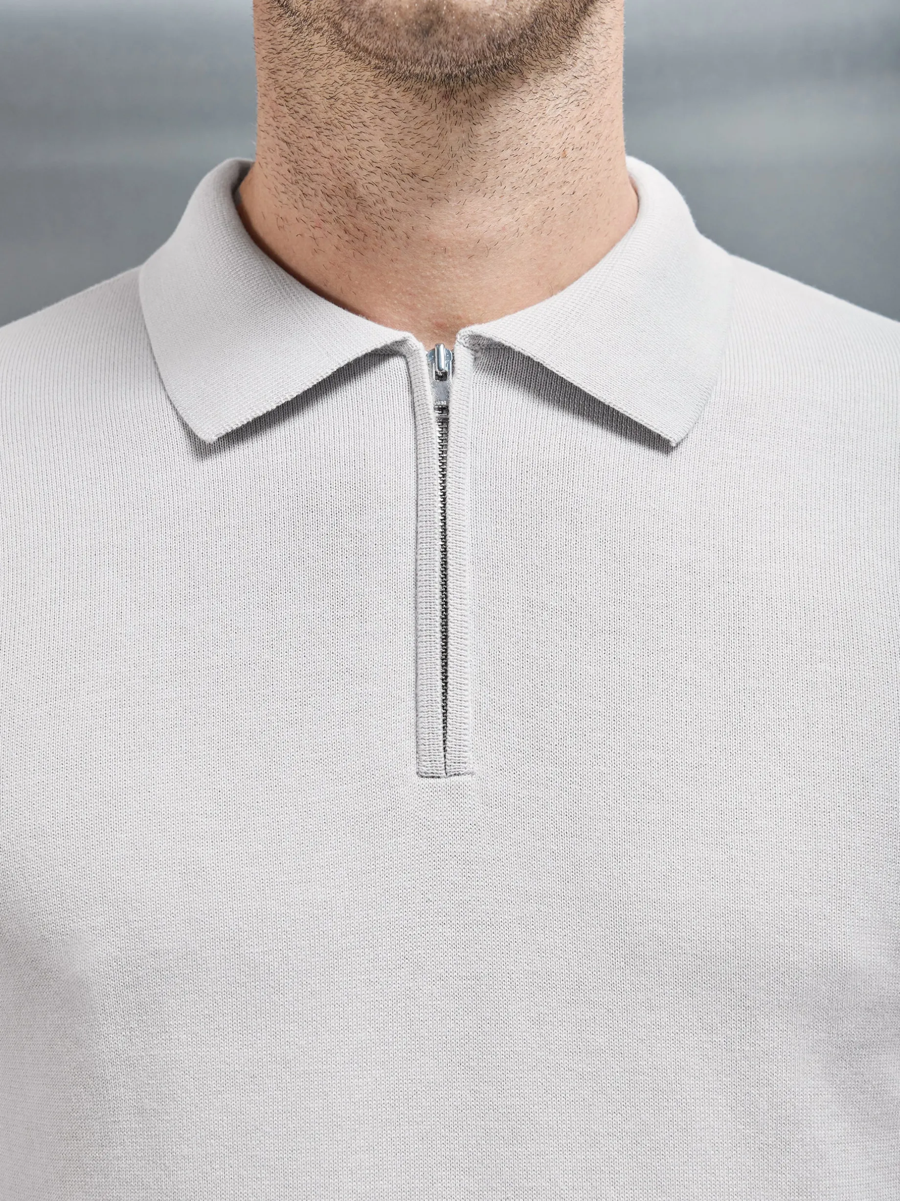 Cotton Knitted Long Sleeve Half Zip Polo Shirt - Mid Grey