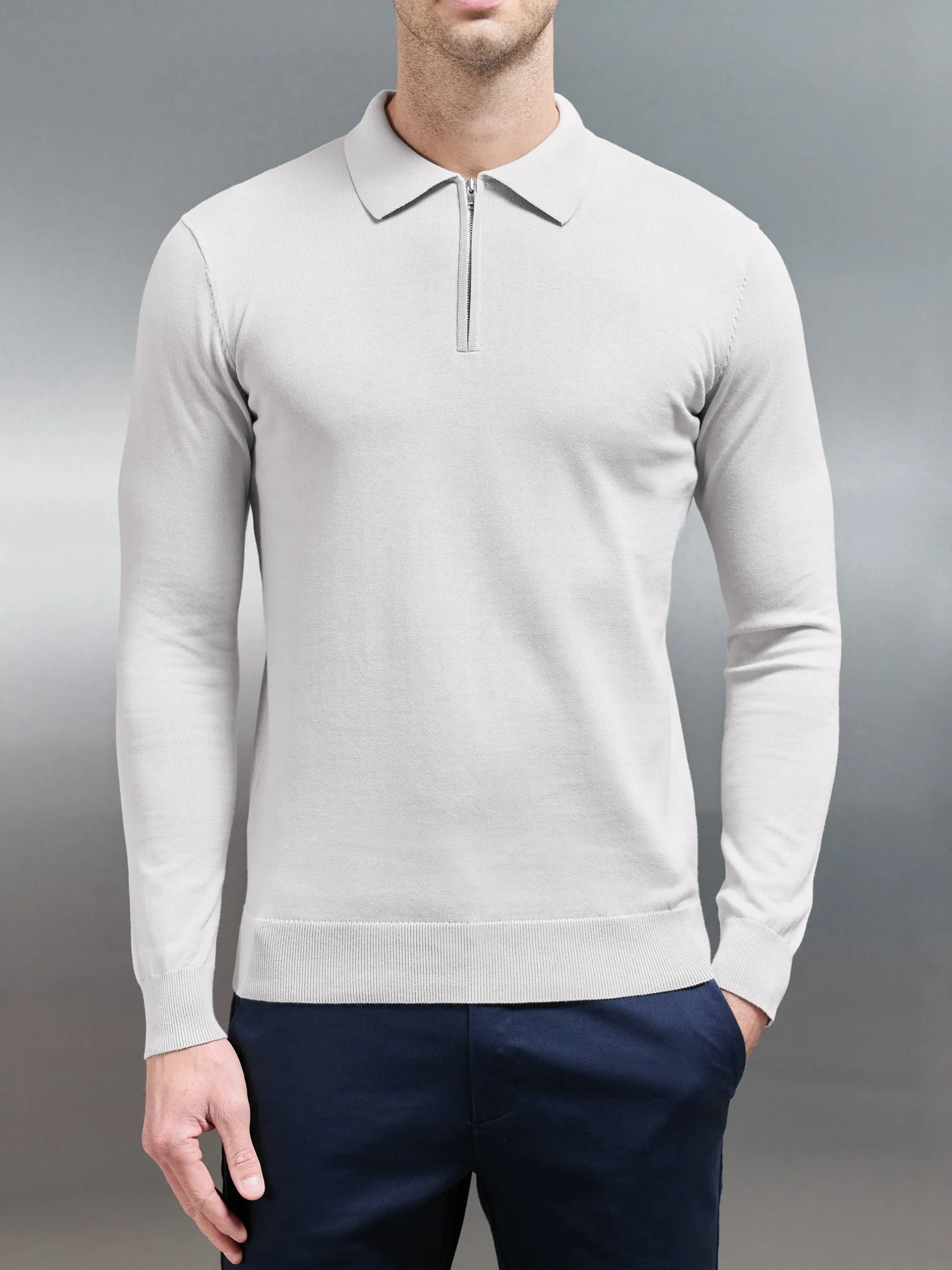 Cotton Knitted Long Sleeve Half Zip Polo Shirt - Mid Grey