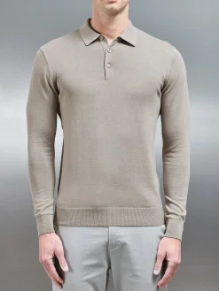 Cotton Knitted Long Sleeve Button Polo Shirt - Taupe