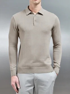 Cotton Knitted Long Sleeve Button Polo Shirt - Taupe