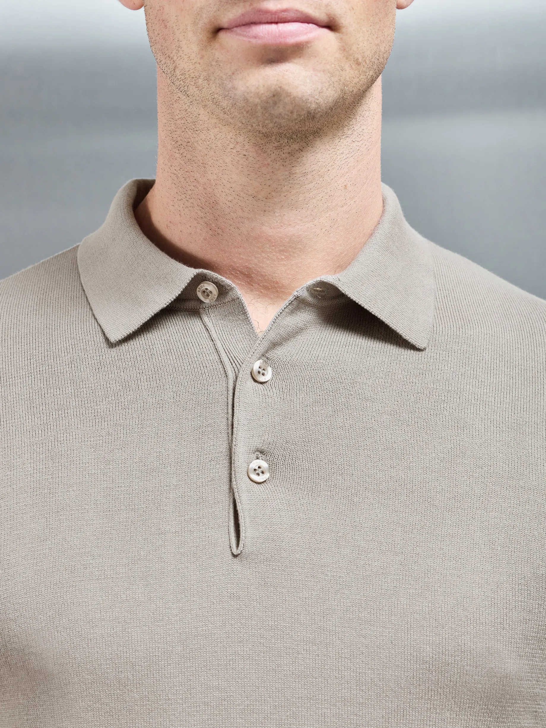 Cotton Knitted Long Sleeve Button Polo Shirt - Taupe