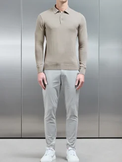 Cotton Knitted Long Sleeve Button Polo Shirt - Taupe