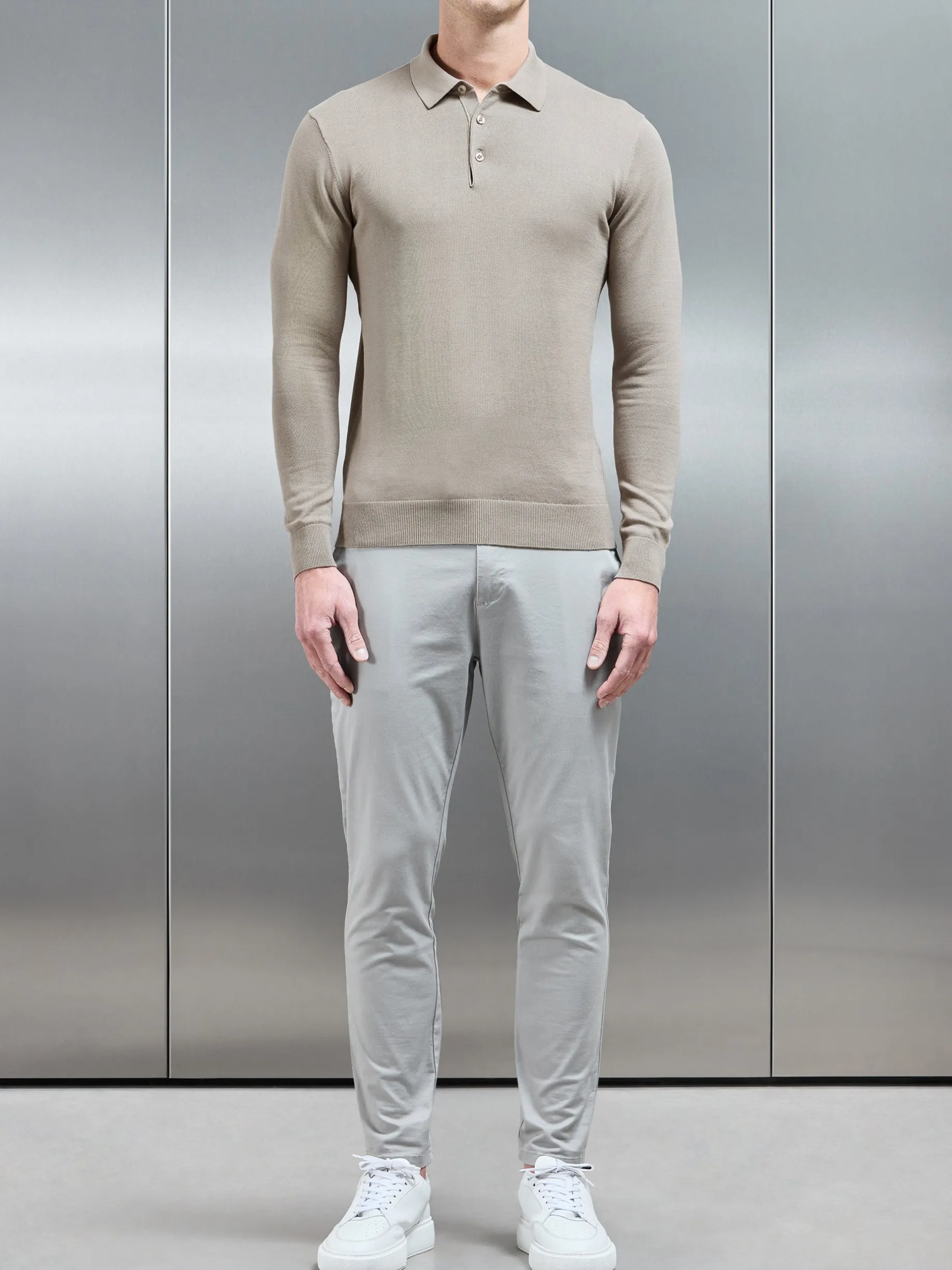 Cotton Knitted Long Sleeve Button Polo Shirt - Taupe