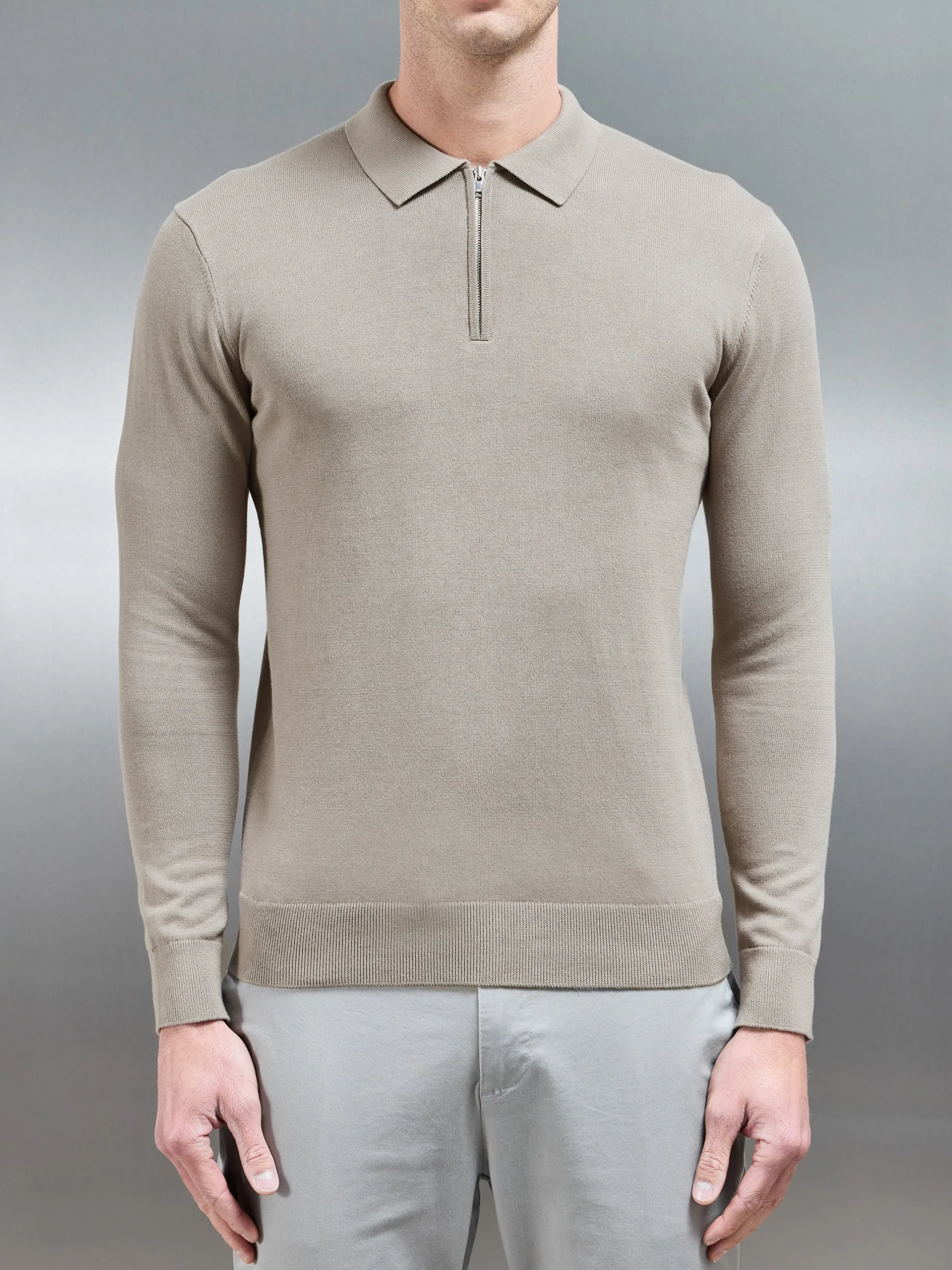 Cotton Knitted Long Sleeve Half Zip Polo Shirt - Taupe