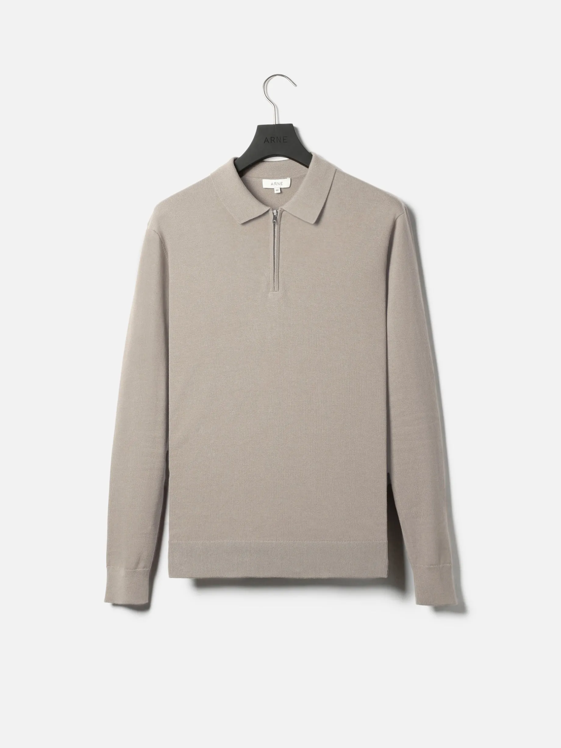 Cotton Knitted Long Sleeve Half Zip Polo Shirt - Taupe