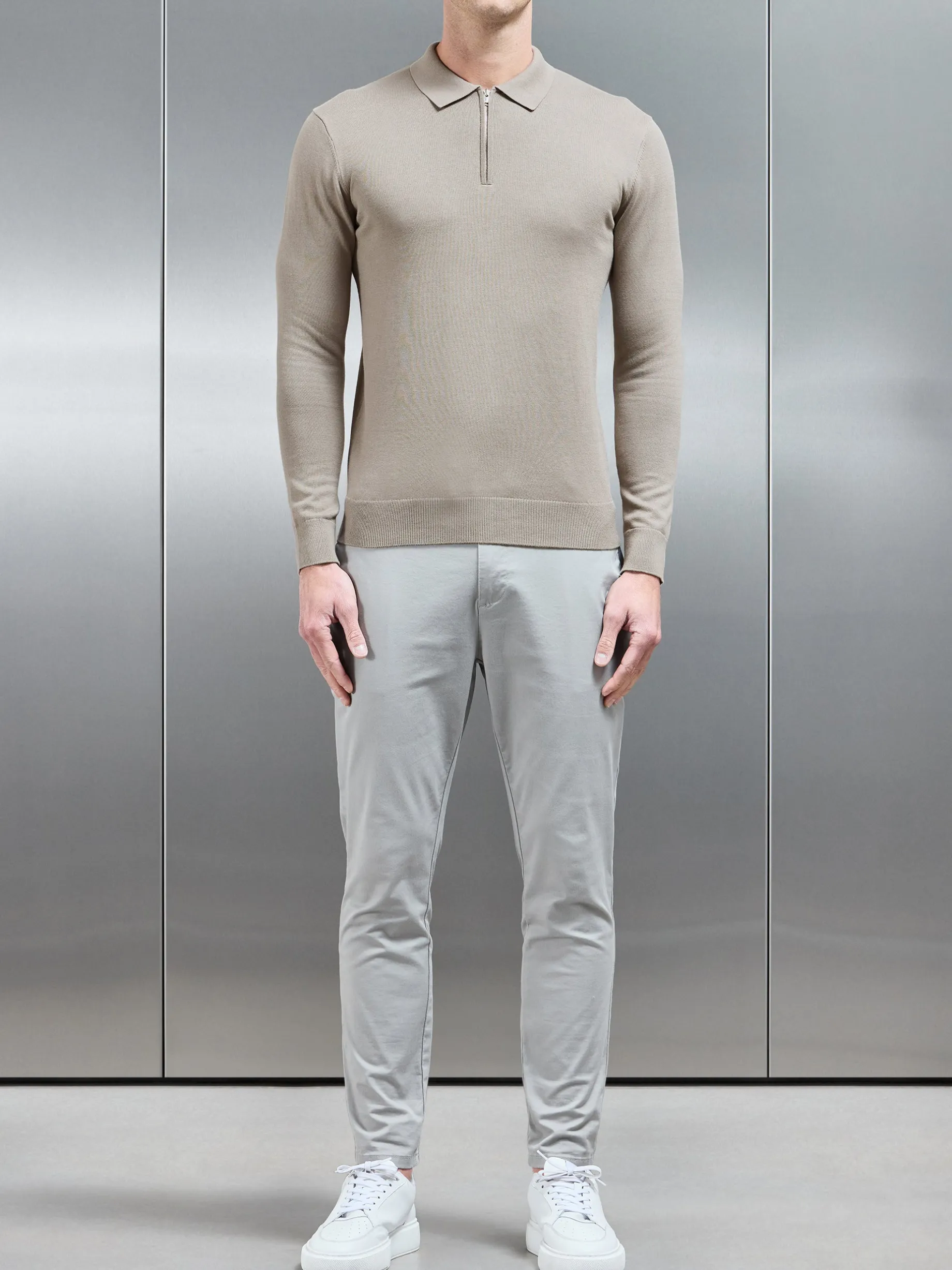 Cotton Knitted Long Sleeve Half Zip Polo Shirt - Taupe