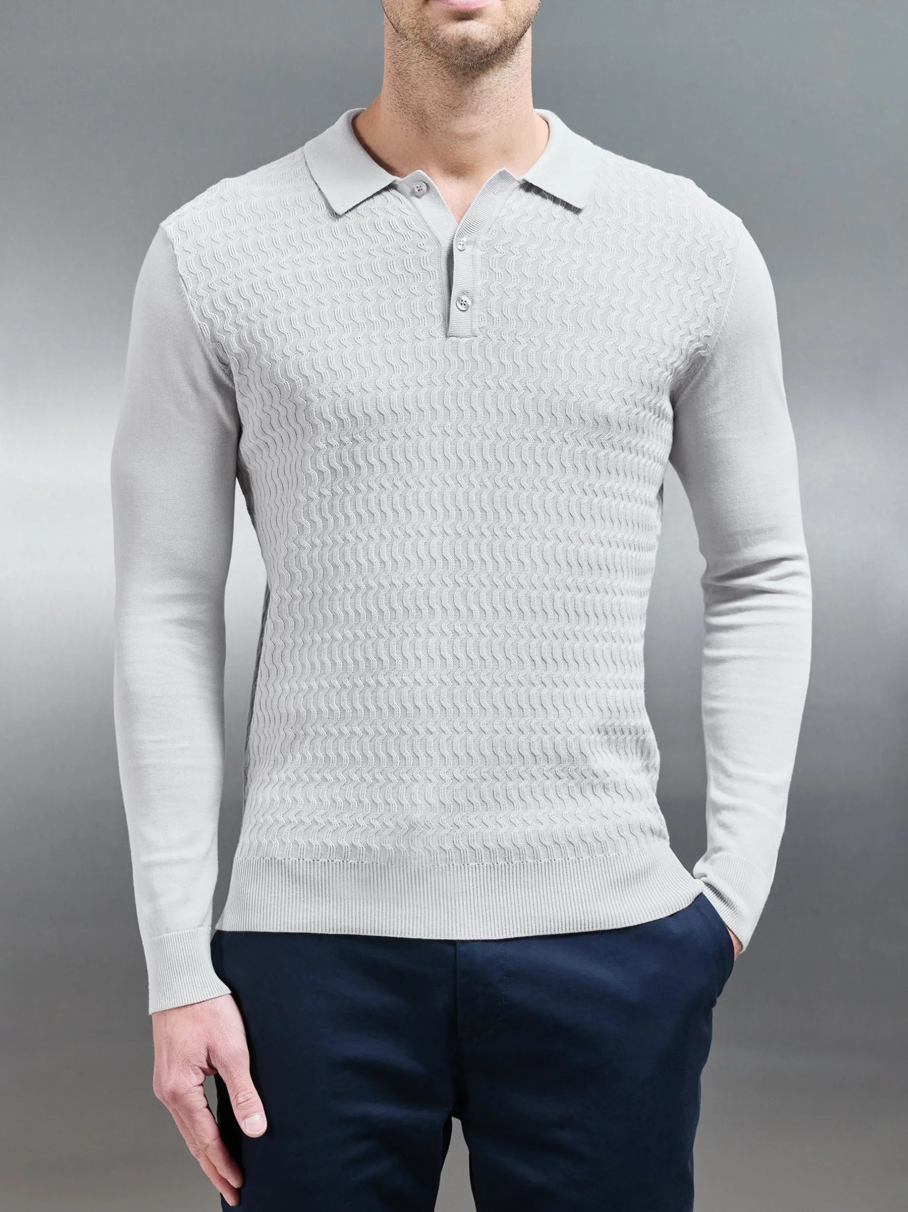 Cotton Knitted Long Sleeve Textured Polo Shirt - Mid Grey
