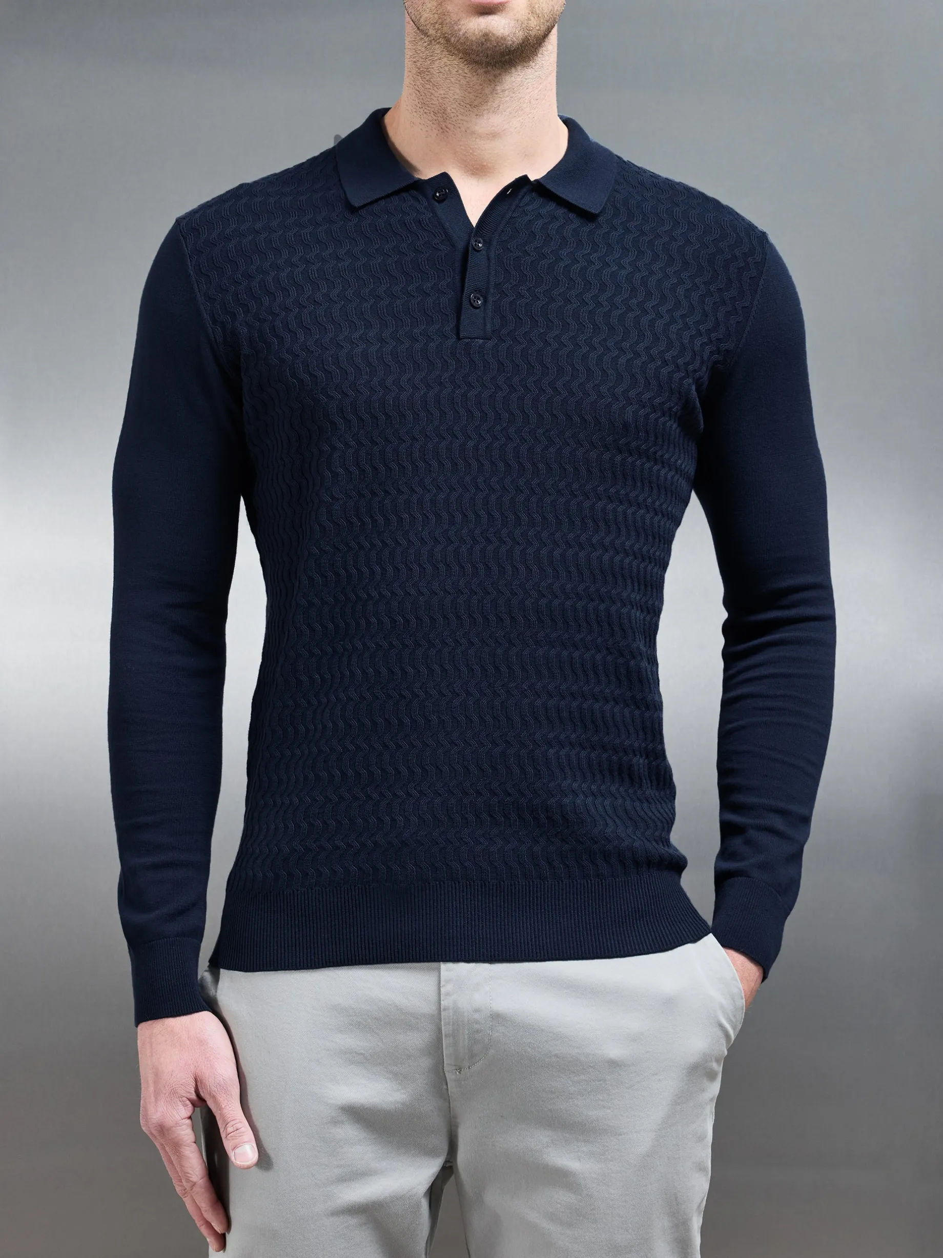 Cotton Knitted Long Sleeve Textured Polo Shirt - Navy