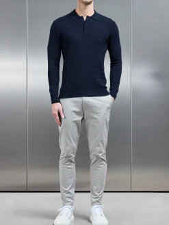 Cotton Knitted Long Sleeve Textured Polo Shirt - Navy