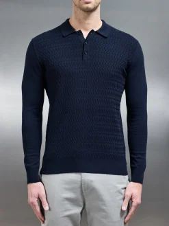 Cotton Knitted Long Sleeve Textured Polo Shirt - Navy