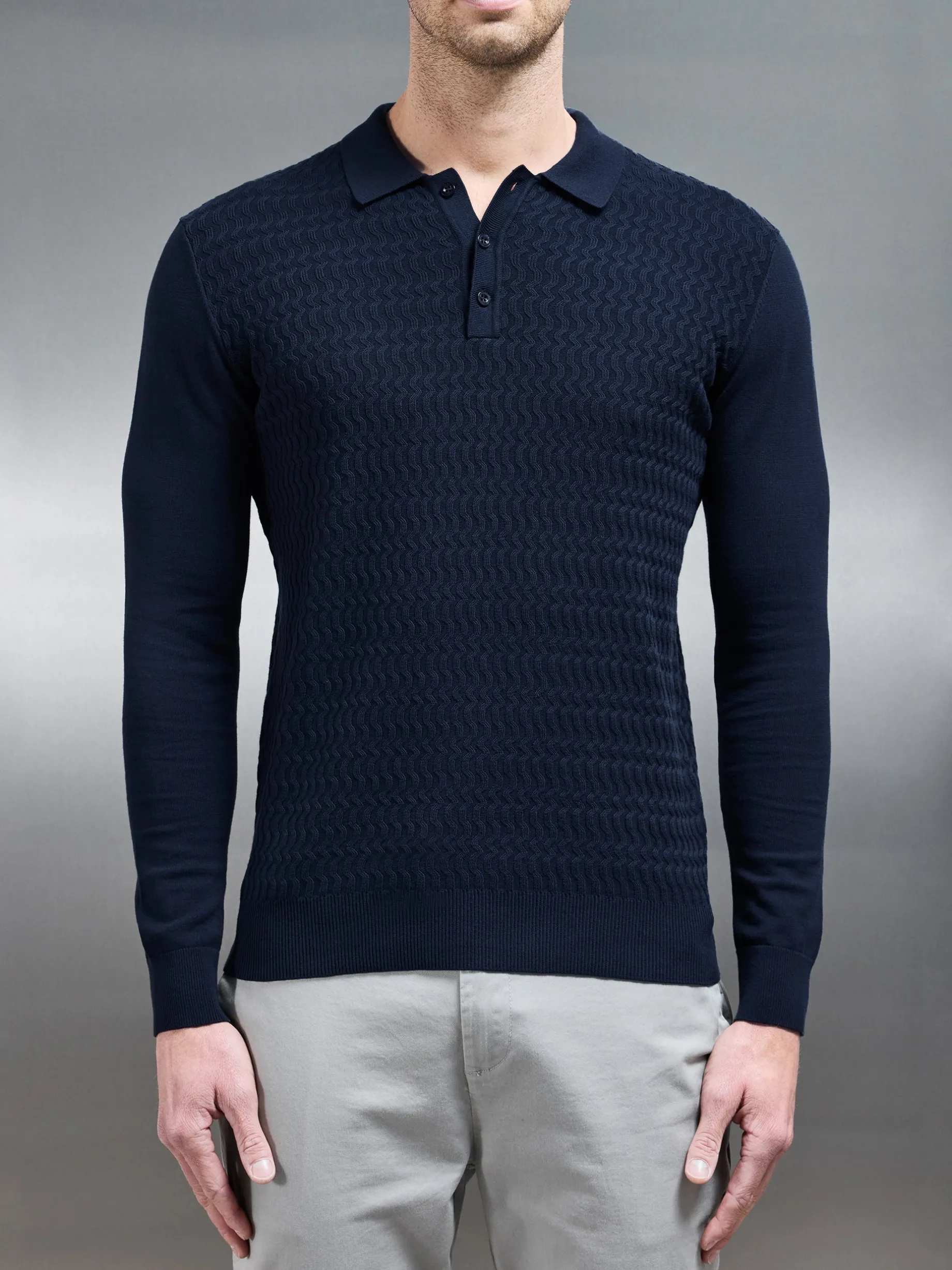 Cotton Knitted Long Sleeve Textured Polo Shirt - Navy