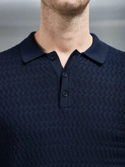 Cotton Knitted Long Sleeve Textured Polo Shirt - Navy