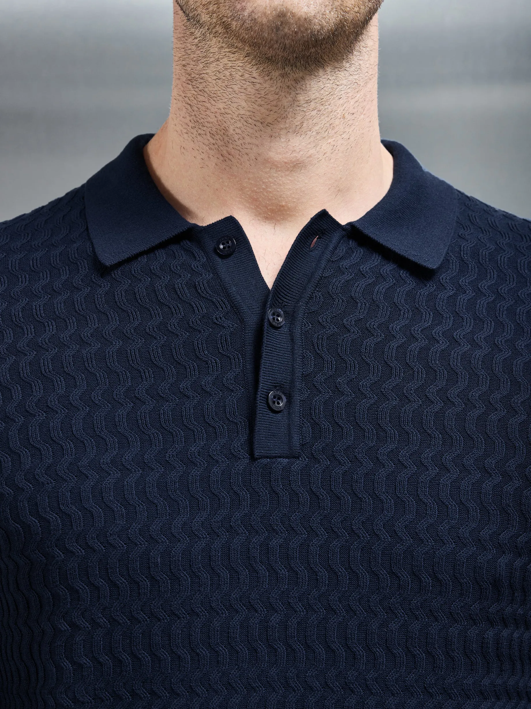 Cotton Knitted Long Sleeve Textured Polo Shirt - Navy