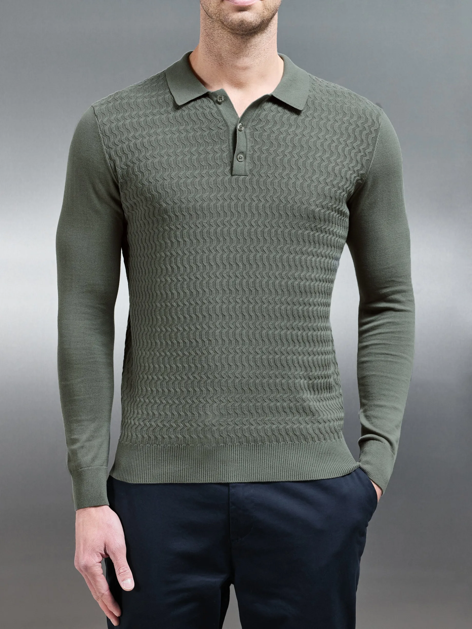 Cotton Knitted Long Sleeve Textured Polo Shirt - Sage